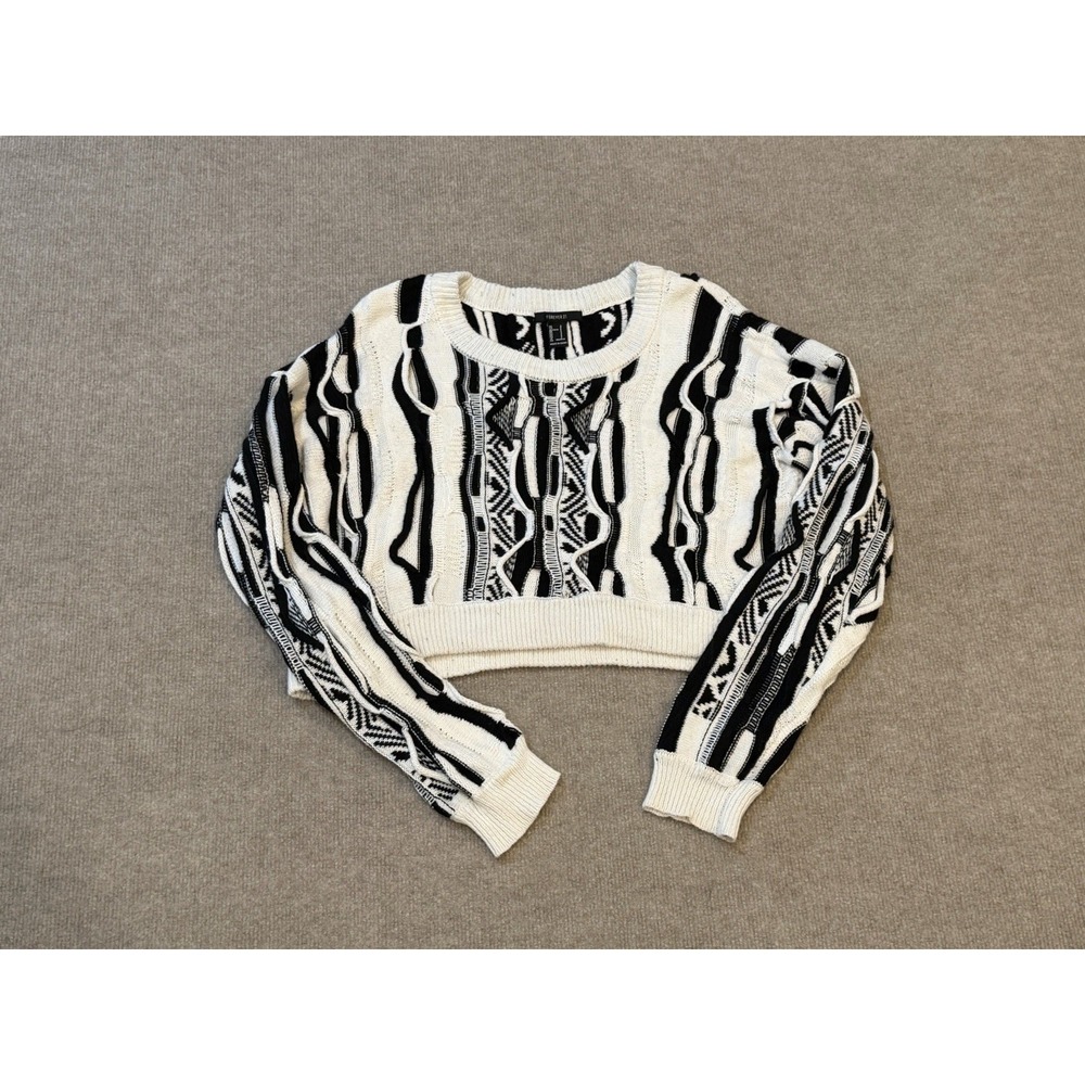 Forever 21 Coogi Style Sweater Womens Small Black White 3D Knit Crewneck Crop